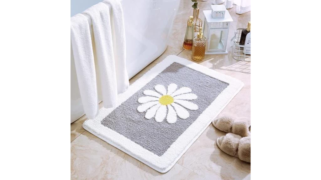 gray bath rug with white flowers
