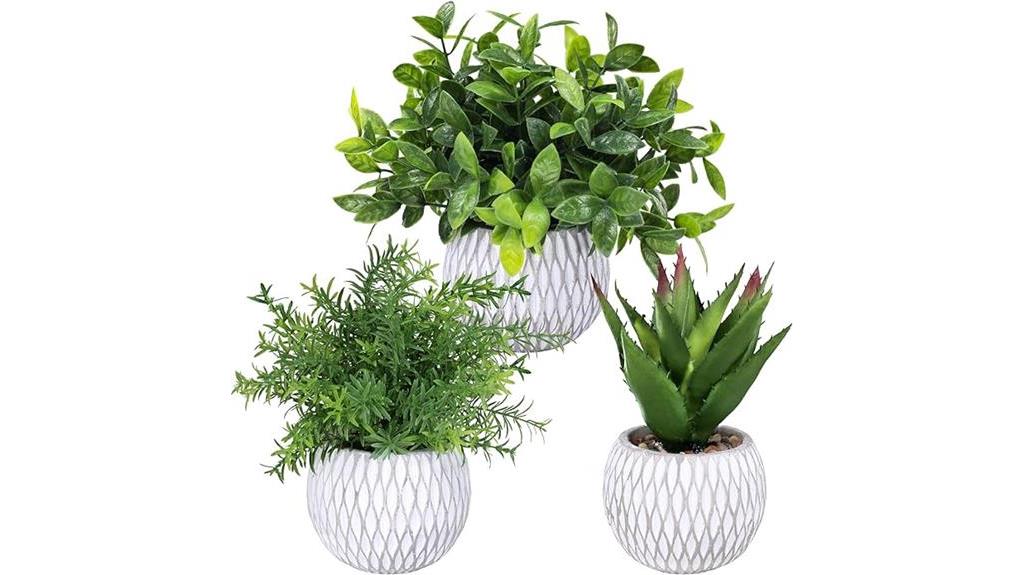 small artificial plants gray geometric cement pots