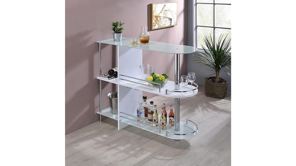 white bar table with glass shelves